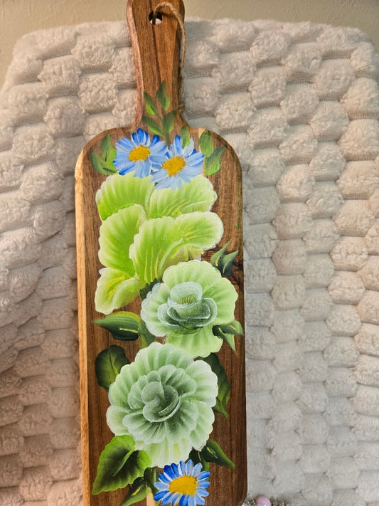 Hand Painted Cutting Board - Green / Blue Florals